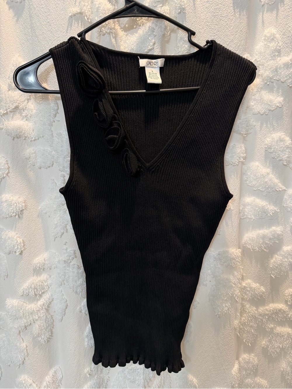 Cache Black Ribbed V-Neck Sleeveless Tank with Rosette Trim
